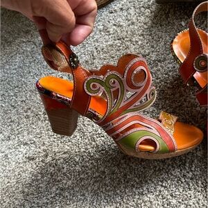 Spring Step Women's Orange & Green Decorative Leather Heel Sandals sz 38 EUC